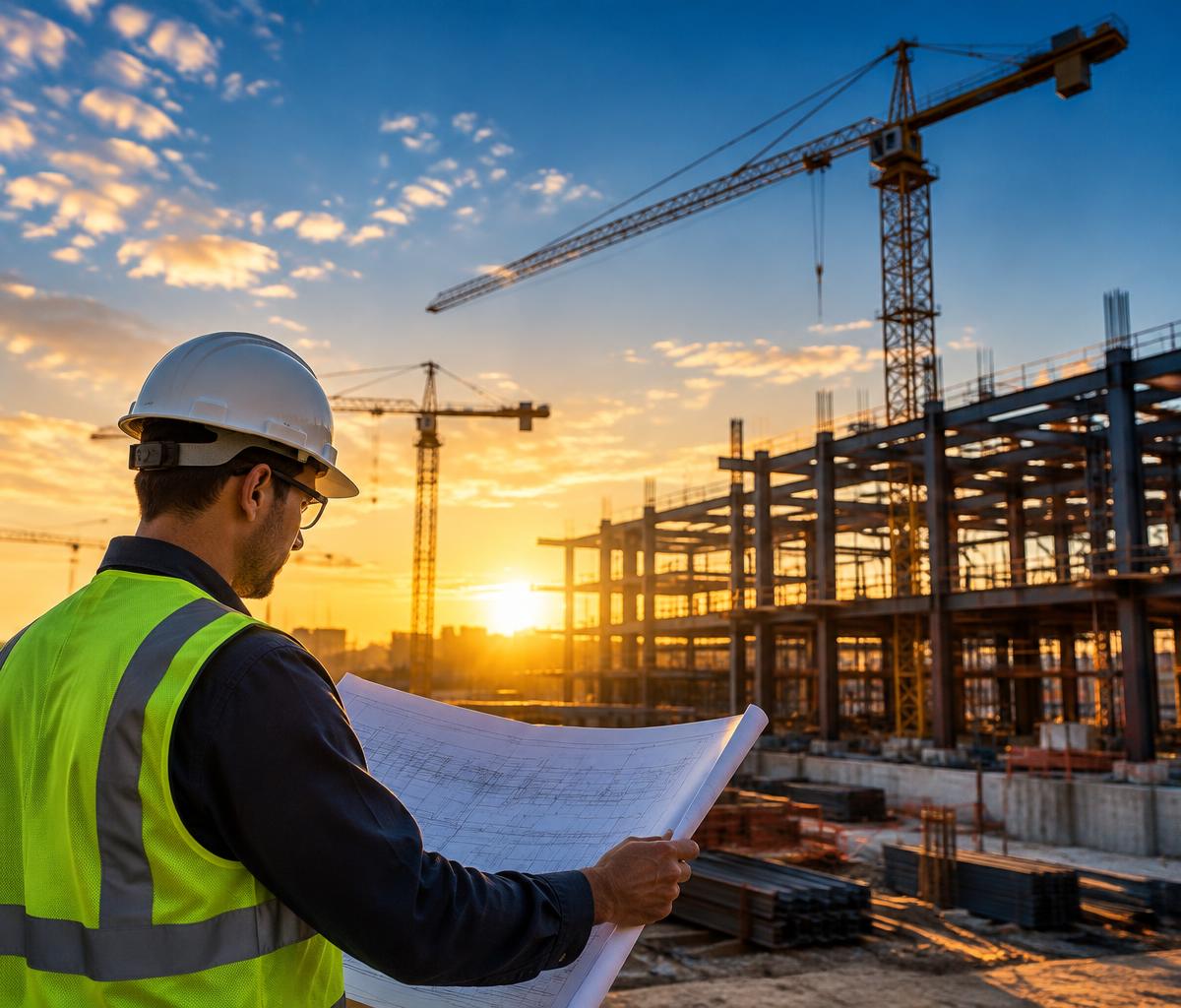 Innovara engineer reviewing site plans at a construction project