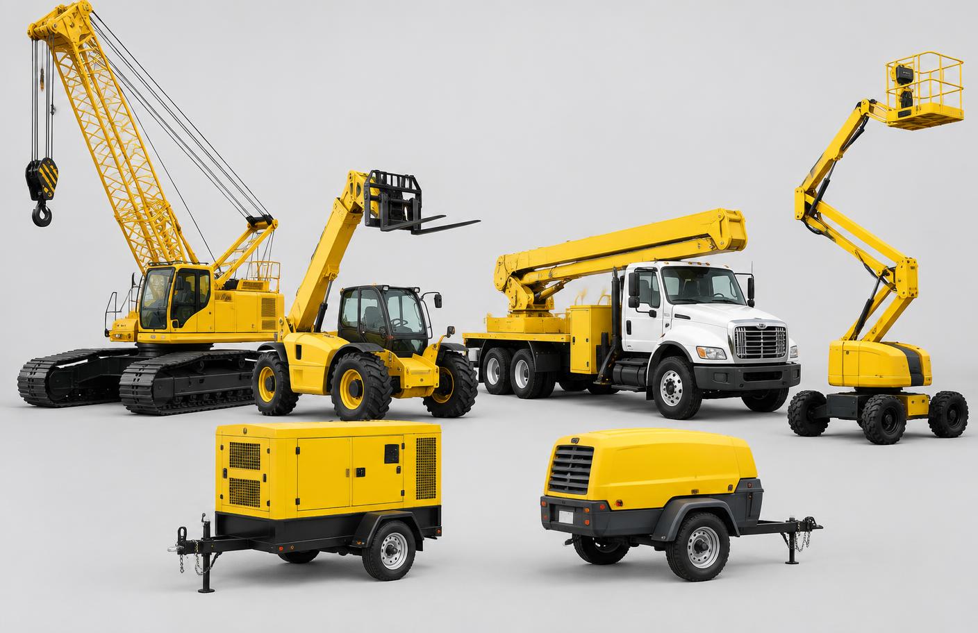 Fleet of yellow rental equipment: crawler crane, telehandler, boom truck, boom lift, generator and compressor