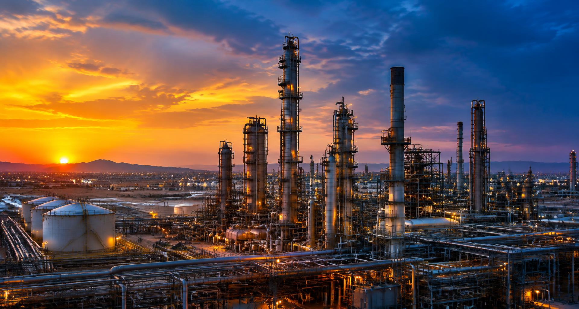 Petrochemical refinery at sunset in Al Jubail, Saudi Arabia