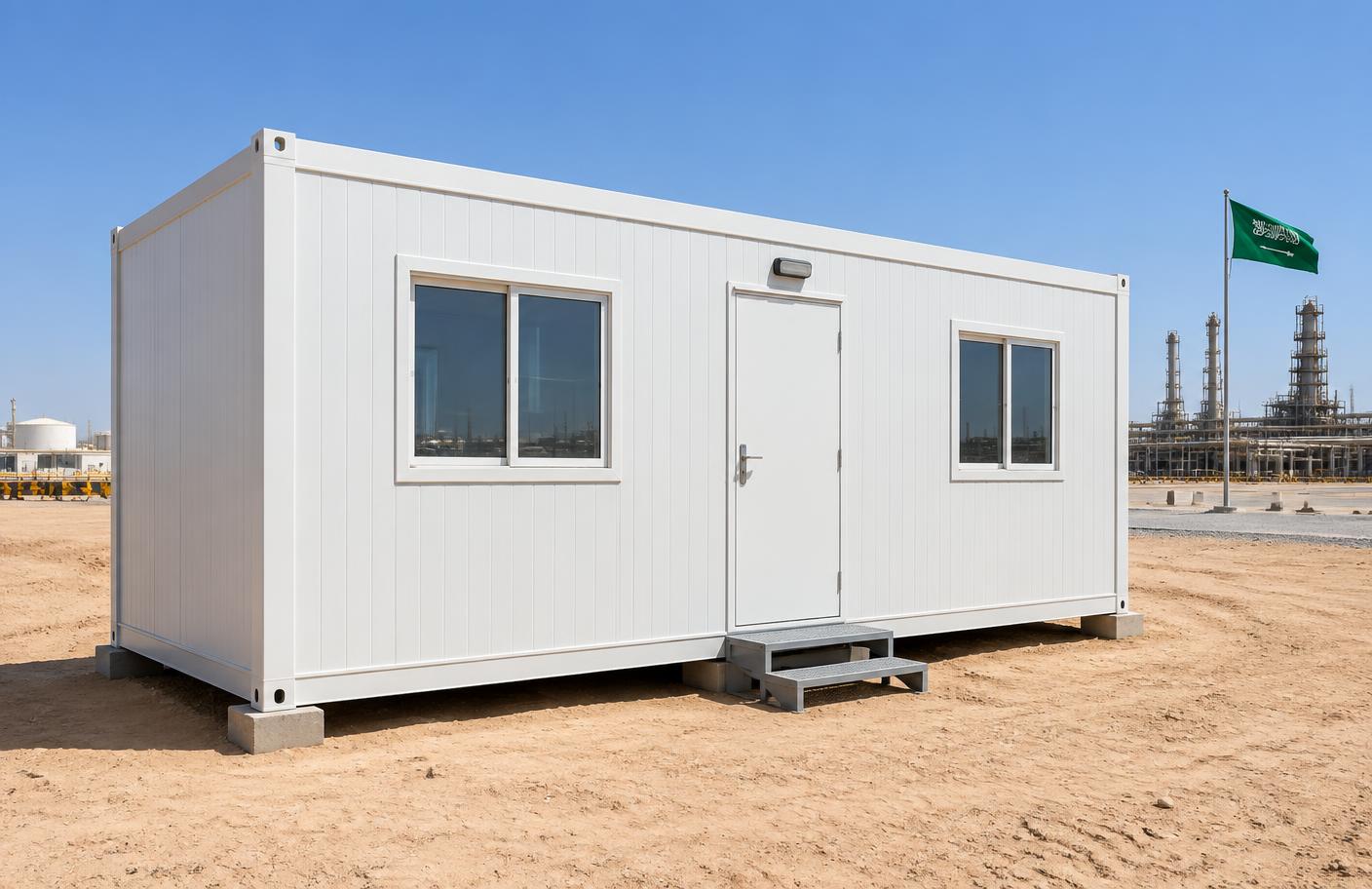 White modular porto cabin office installed at an industrial site in Saudi Arabia